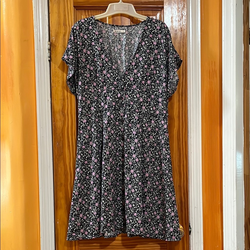 Marine Layer Floral V-neck Camila A-line Black and Pink Flutter Mini Dress L